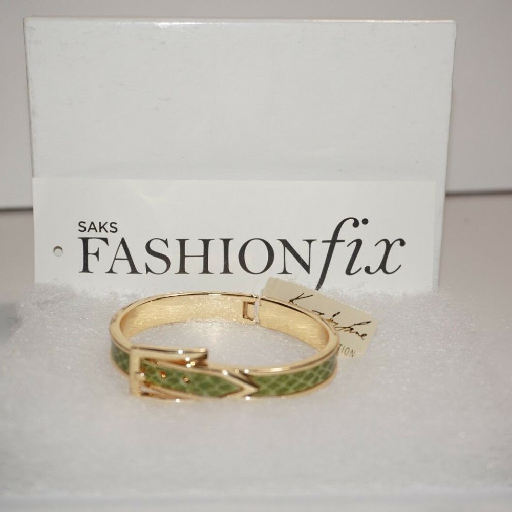 Kenneth Jay Lane Women's Green  Snake Skin Leather Gold Plated Buckle Bracelet